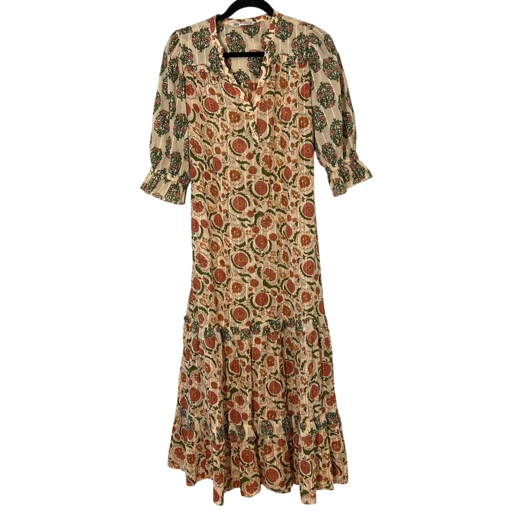 Boho Cottagecore Midi Dress XS ZARA Tiered  Floral Peasant Airy Shabby Chic